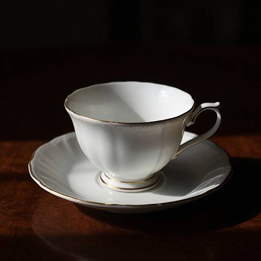 Photograph of a delicate, white porcelain teacup with a gold rim, on a matching saucer, against a dark, black background.