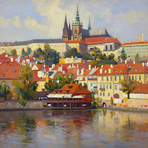 Impressionistic painting of a European city with red-roofed buildings, a river reflecting the structures, and a cathedral with spires in the background