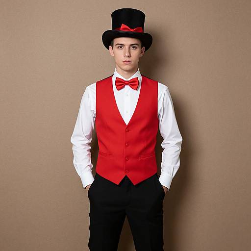 Photograph of a young man in a red vest, white shirt, black bow tie, red bow tie, black pants, and black top hat,