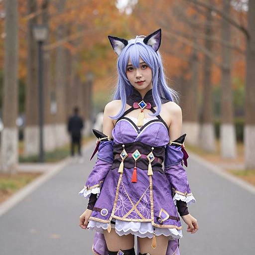 Photograph of an Asian woman in blue cosplay costume with cat ears, purple dress, and ornate details, standing on a tree-lined autumn path.
