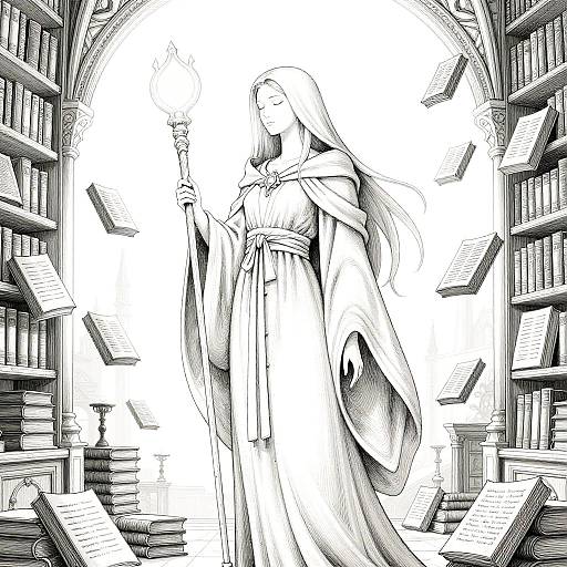 Ancient Sorceress Line Art Illustration