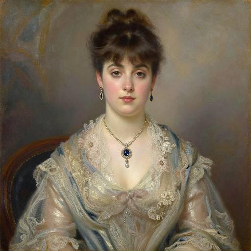 Victorian-style portrait of a young woman with fair skin and brown hair, wearing a lace-trimmed, blue-gray dress, black earrings, and