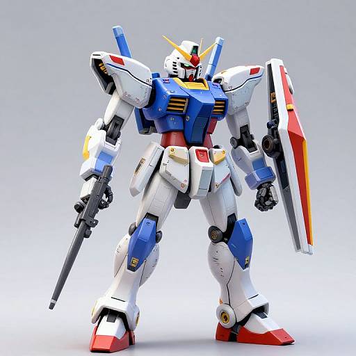 Photorealistic CGI of a white, blue, and red Gundam-style mecha robot with a gun in one hand and a shield in the other,