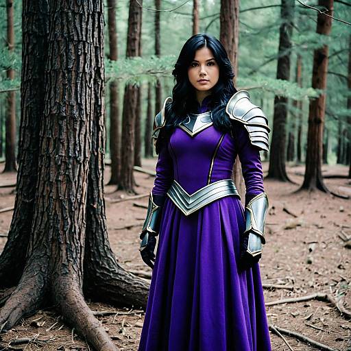 Woman in Purple Armor Dress Cosplay in Forest