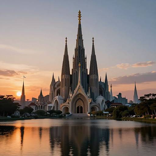 Photograph of a Gothic-style cathedral with multiple spires at sunset, reflected in a calm water body, with an orange and pink sky.