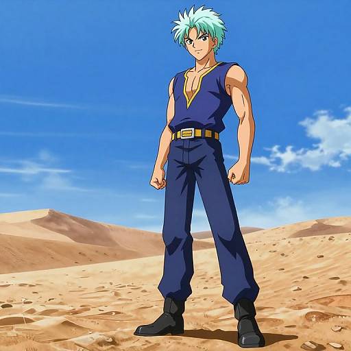 Anime-style digital drawing of a muscular, blue-haired young man in a sleeveless blue shirt and pants, standing confidently in a sandy desert with a bright