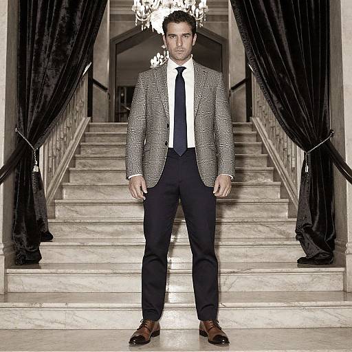 Photograph of a handsome man with short dark hair, wearing a grey houndstooth blazer, black tie, white shirt, and black pants