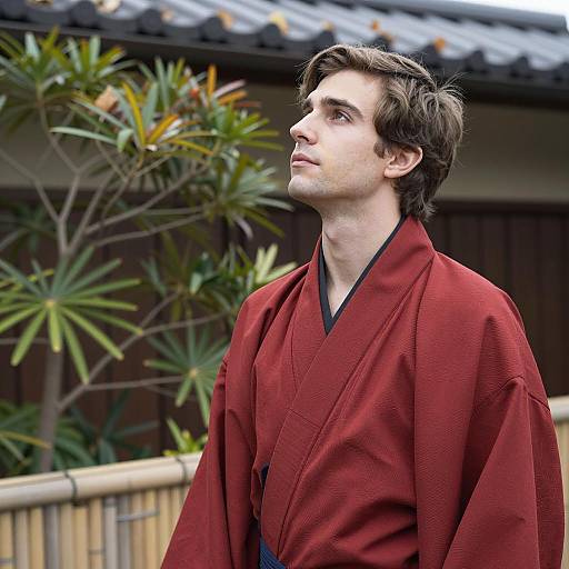 Young Man in Red Kimono Amidst Nature