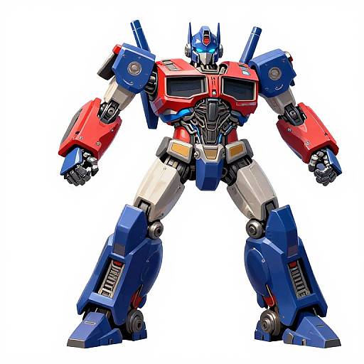 Colorful, detailed photograph of a standing, humanoid Transformers robot with red chest, blue arms and legs, silver and white torso, and blue head,