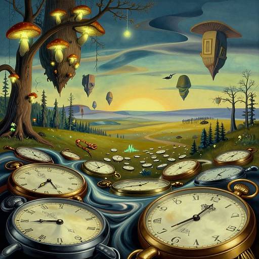 Fantastical digital painting: surreal forest with glowing mushrooms, floating clocks in foreground, clock-shaped balloons, sunset, and whimsical landscape.