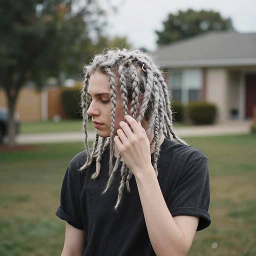 Non-binary in Quiet Backyard with Dreadlocks