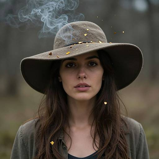 Photograph of a young woman with pale skin, dark eyes, and long brown hair, wearing a large gray hat with smoke and gold leaf particles,