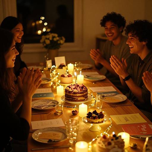 Photograph of four smiling friends around a warmly lit dinner table with candles, cake, and dessert, clapping joyfully. Evening setting.