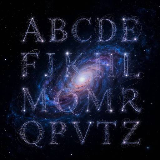 Digital artwork of the alphabet (A-Z) in glowing, wireframe letters against a vibrant, starry background with a glowing spiral galaxy.