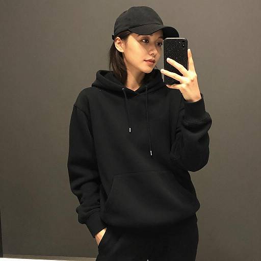 Asian Woman Mirror Selfie in Black Outfit