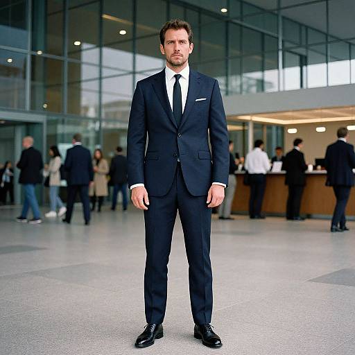 Photograph of a handsome, bearded man in a black suit, white shirt, and black tie, standing confidently in a modern, glass-walled