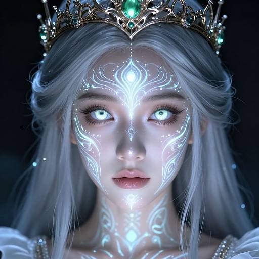 Digital portrait of a pale-skinned, silver-haired woman with glowing blue eyes and intricate white luminescent patterns on her face, wearing a gold crown