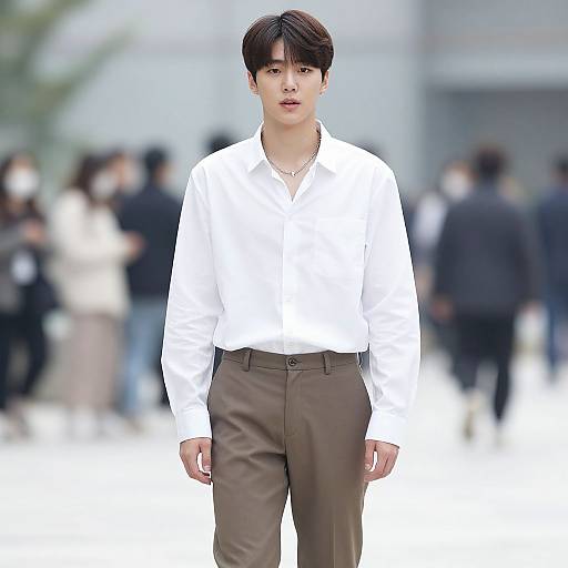 Photograph of a young Asian man with short black hair, wearing a white button-up shirt and brown pants, standing confidently in a blurred, outdoor urban