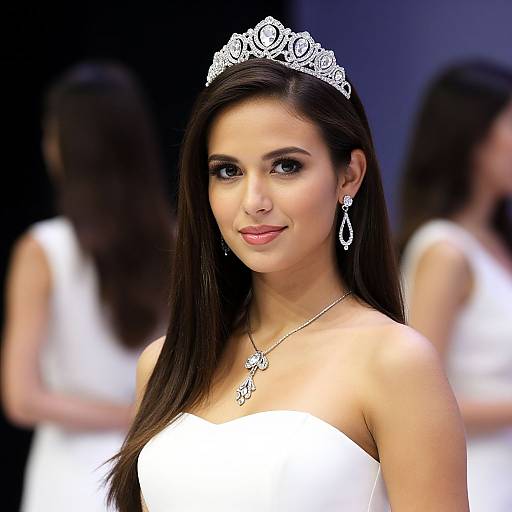 Photograph of a young woman with long brown hair, wearing a silver tiara, white strapless dress, and matching earrings, smiling slightly against a