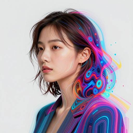 Digital portrait of an Asian woman with short black hair, vibrant colorful swirls around her head, and a blue collared shirt, against a white background