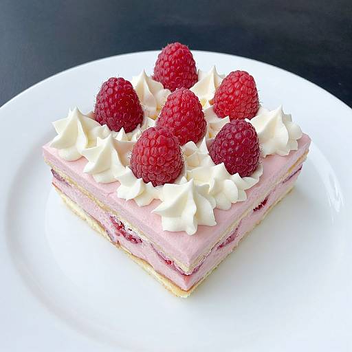 Photograph of a pink raspberry layer cake topped with white whipped cream and seven fresh red raspberries on a white plate.