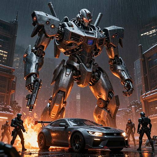 Futuristic Robot and Armed Soldiers in Rainy Cityscape