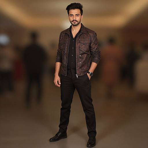 Photograph of a handsome, bearded man with short black hair, wearing a dark patterned jacket, black shirt, and pants, standing confidently in