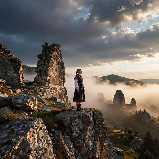 Photograph of a young woman in a black dress standing on a rocky cliff, gazing at a misty, sunlit mountain landscape with dramatic clouds