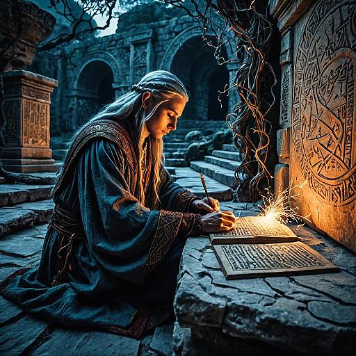 Elven Scholar Studying Arcane Tablets