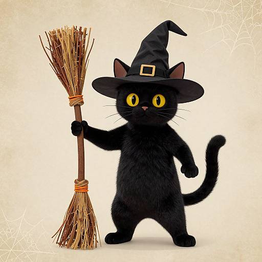 Digital illustration of a cute, black cat with yellow eyes, wearing a witch hat and holding a broomstick, standing against a white background with a