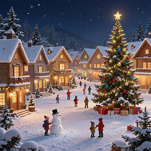 Cozy Snowy Village Christmas Night