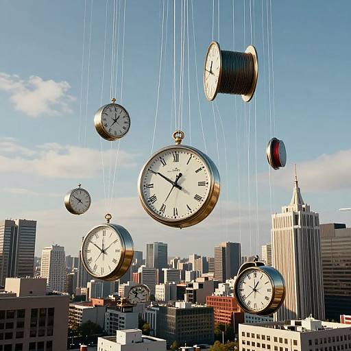 Photograph of six suspended clocks with silver rims, hanging by strings above a city skyline with skyscrapers under a blue sky.