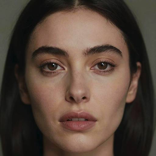 Close-up photograph of a young woman with fair skin, dark brown eyes, full eyebrows, and straight black hair, looking directly at the camera with a