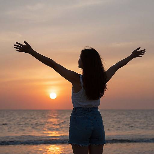 Photograph of a woman with long hair, white tank top, and denim shorts, standing with arms outstretched at sunset on a beach, sil