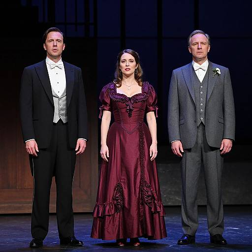 Photograph of three actors on stage: a woman in a deep red, Victorian-style dress flanked by two men in black and grey suits.