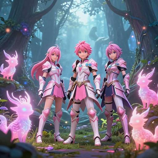 Digital anime artwork of three pink-haired female warriors in silver armor, standing in a mystical forest with glowing pink fireflies.