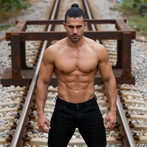 Muscular Man on Railway Tracks