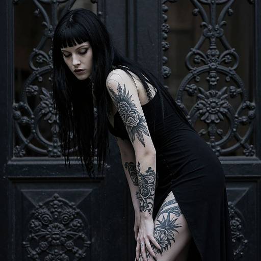 Gothic woman with black hair, tattoos, and black dress, leaning forward against ornate, dark metal door in moody photograph.