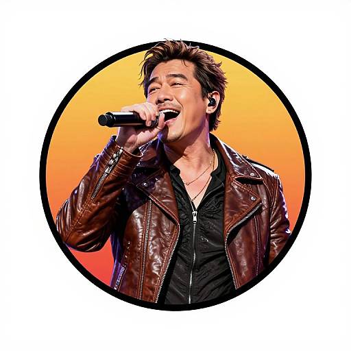 Photograph of an Asian male singer with spiky hair, wearing a brown leather jacket and black shirt, passionately singing into a microphone against a vibrant orange