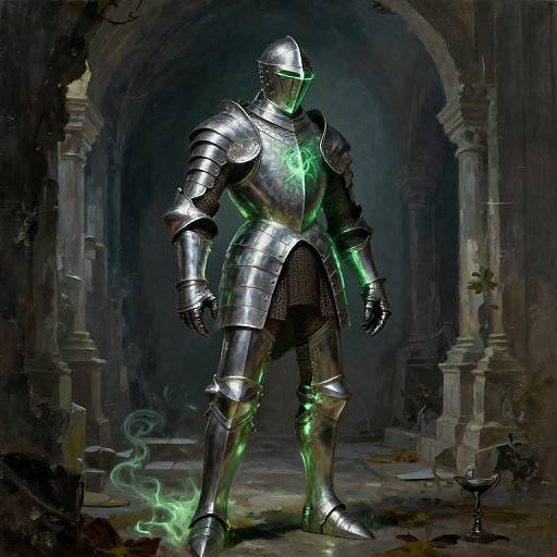 Digital painting of a glowing, green-illuminated armored knight standing in a dark, ancient, arched stone ruin with eerie green mist.