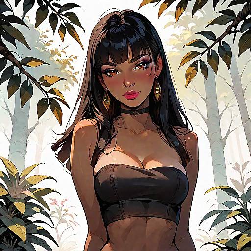 Digital illustration of a beautiful, dark-haired woman with large breasts, wearing a black strapless top, standing in a sunlit forest. She has pink