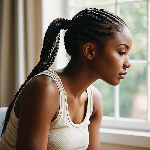 Photograph of a young Black woman with braided hair in a white tank top, seated by a sunlit window, gazing thoughtfully to the