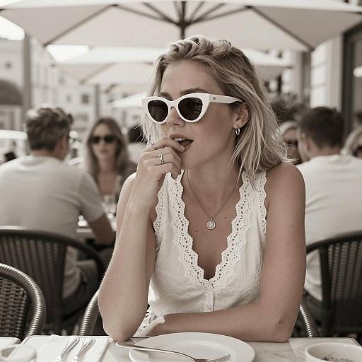 Sunlit Cafe Scene with Blonde Woman