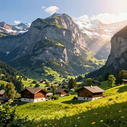 Photograph of a sunlit alpine village with wooden chalets nestled in a green meadow, surrounded by towering rocky mountains and a bright blue sky