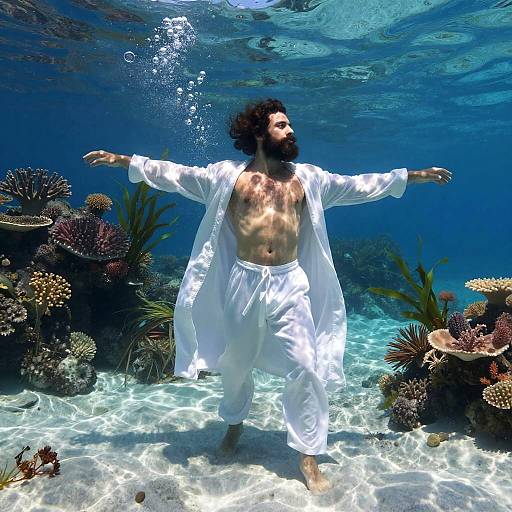 Photograph of a bearded man with curly hair, shirtless, in white robe and pants, standing underwater with arms outstretched, surrounded by