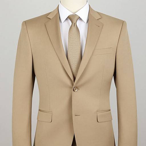 Photograph of a beige suit jacket with a white shirt and patterned tie, centered against a plain white background.