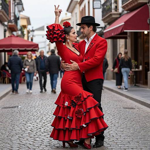 Photograph of a passionate flamenco couple dancing on a cobblestone street, wearing red outfits, black hats, surrounded by blurred pedestrians.