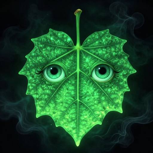 Digital artwork of a glowing green leaf with large, detailed eyes, set against a dark, smoky background. The leaf's veins and texture are vivid