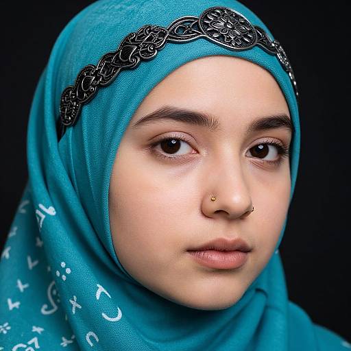 Photograph of a young woman with light olive skin, wearing a blue hijab with black ornate headband, nose ring, and subtle makeup,