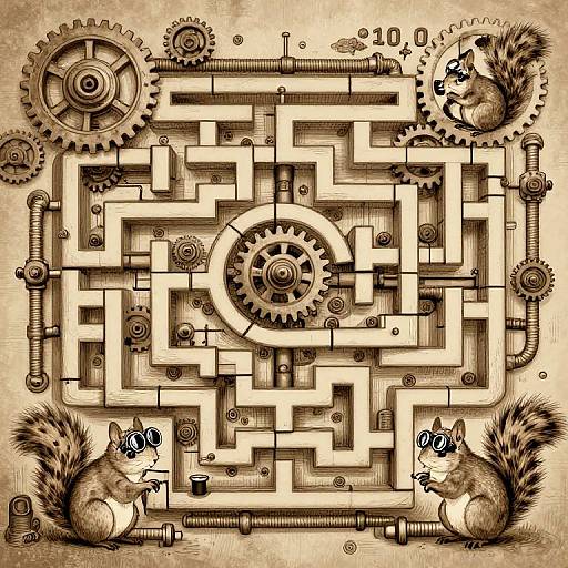 Intricate mechanical maze with three squirrels, gears, and pipes; sepia-toned, steampunk style. Squirrels at corners